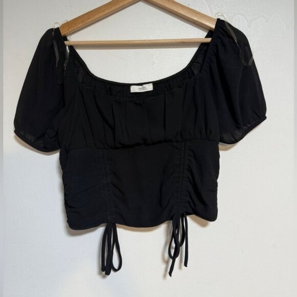 Active USA Women’s Black Puff Sleeve Ruched Crop Top Size L - Picture 2 of 5